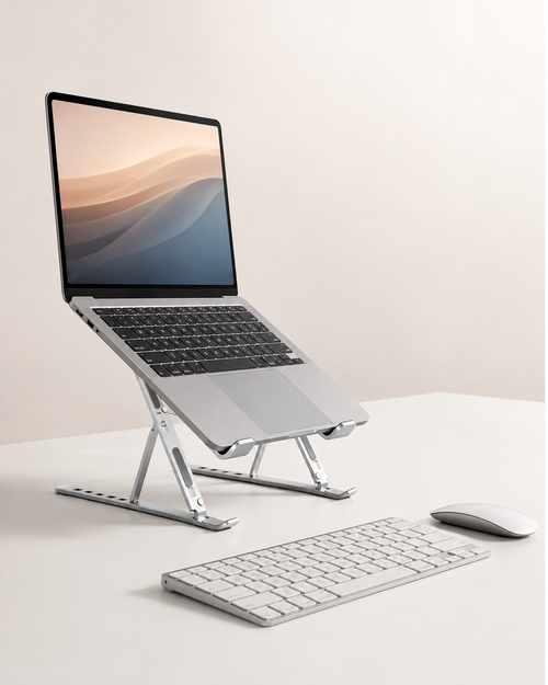 Soporte para portátil ErgoStruct con teclado y ratón externos en un escritorio despejado