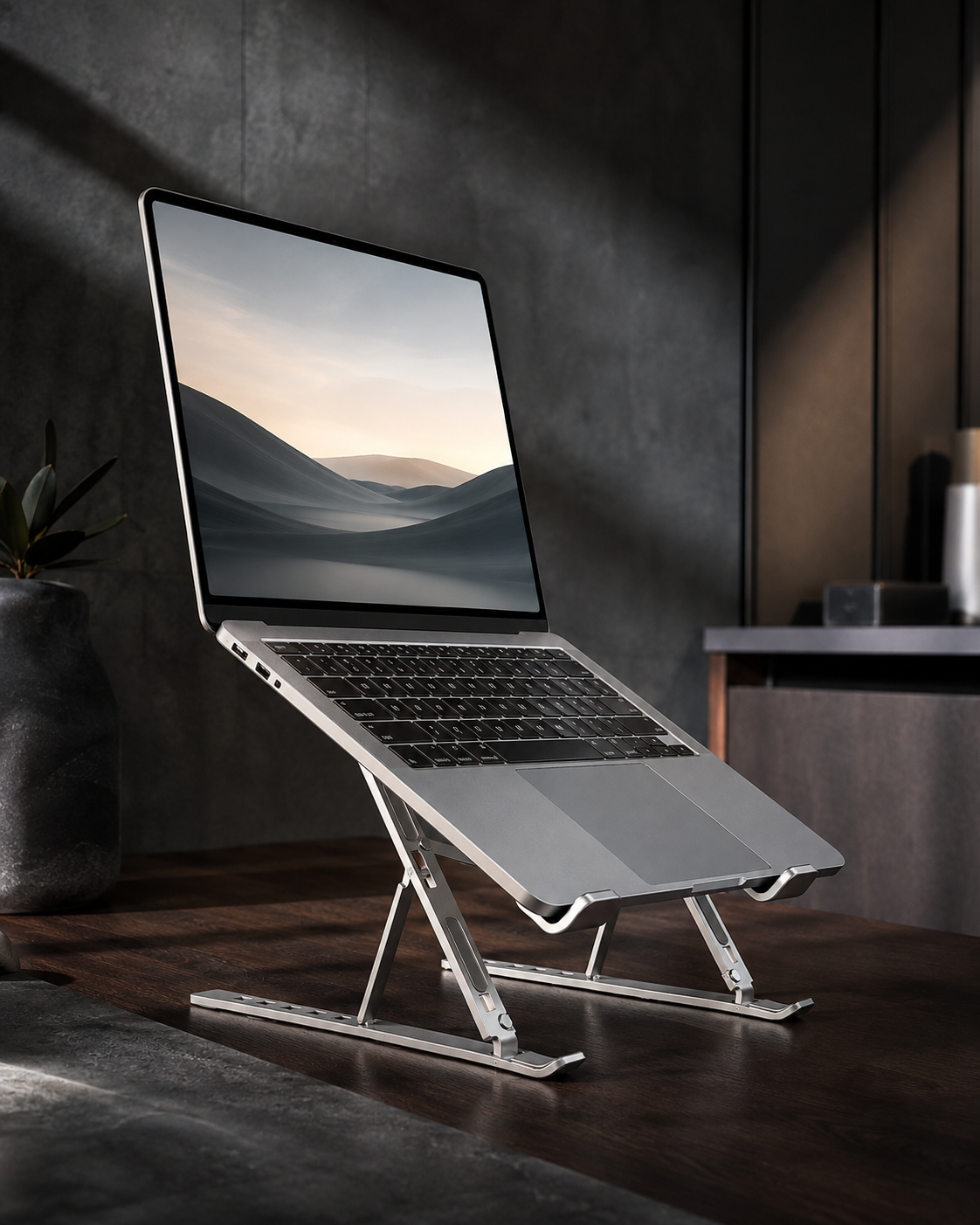 Soporte para portátil ErgoStruct de aluminio sobre un escritorio de madera oscura