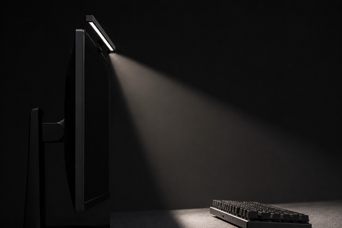 Haz de luz descendente de la barra ErgoStruct iluminando el teclado sin reflejo en la pantalla