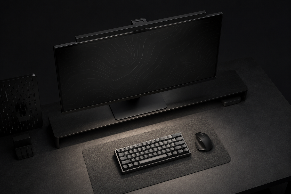 Barra de luz ErgoStruct encendida sobre un monitor ultrapanorámico en un puesto de trabajo